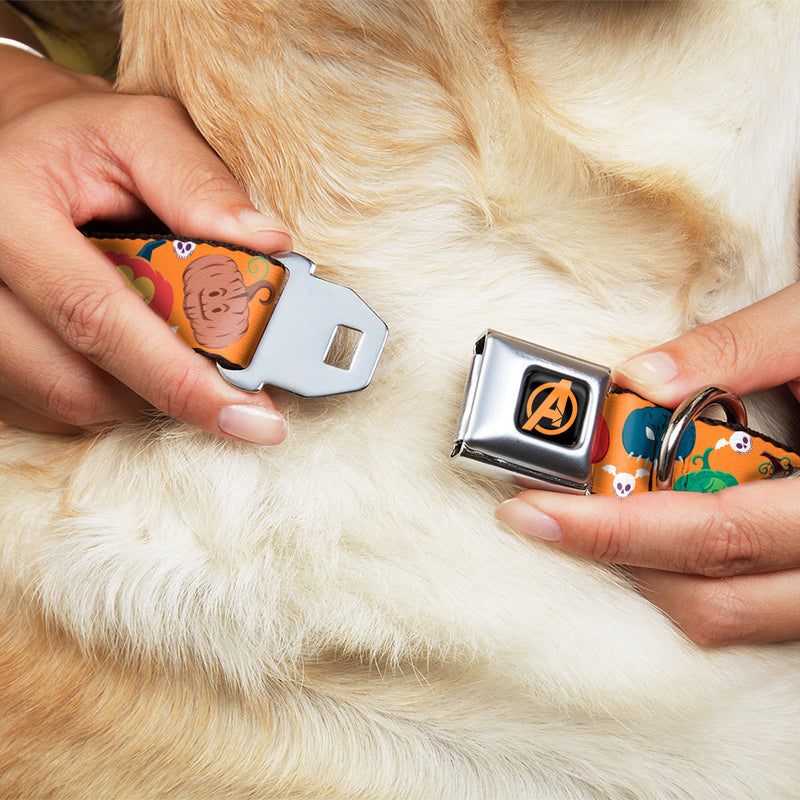 Avengers A Logo Full Color Black/Orange Seatbelt Buckle Collar - Marvel 9-Avengers Halloween Jack-O-Lantern Pumpkin Icons Scattered Orange