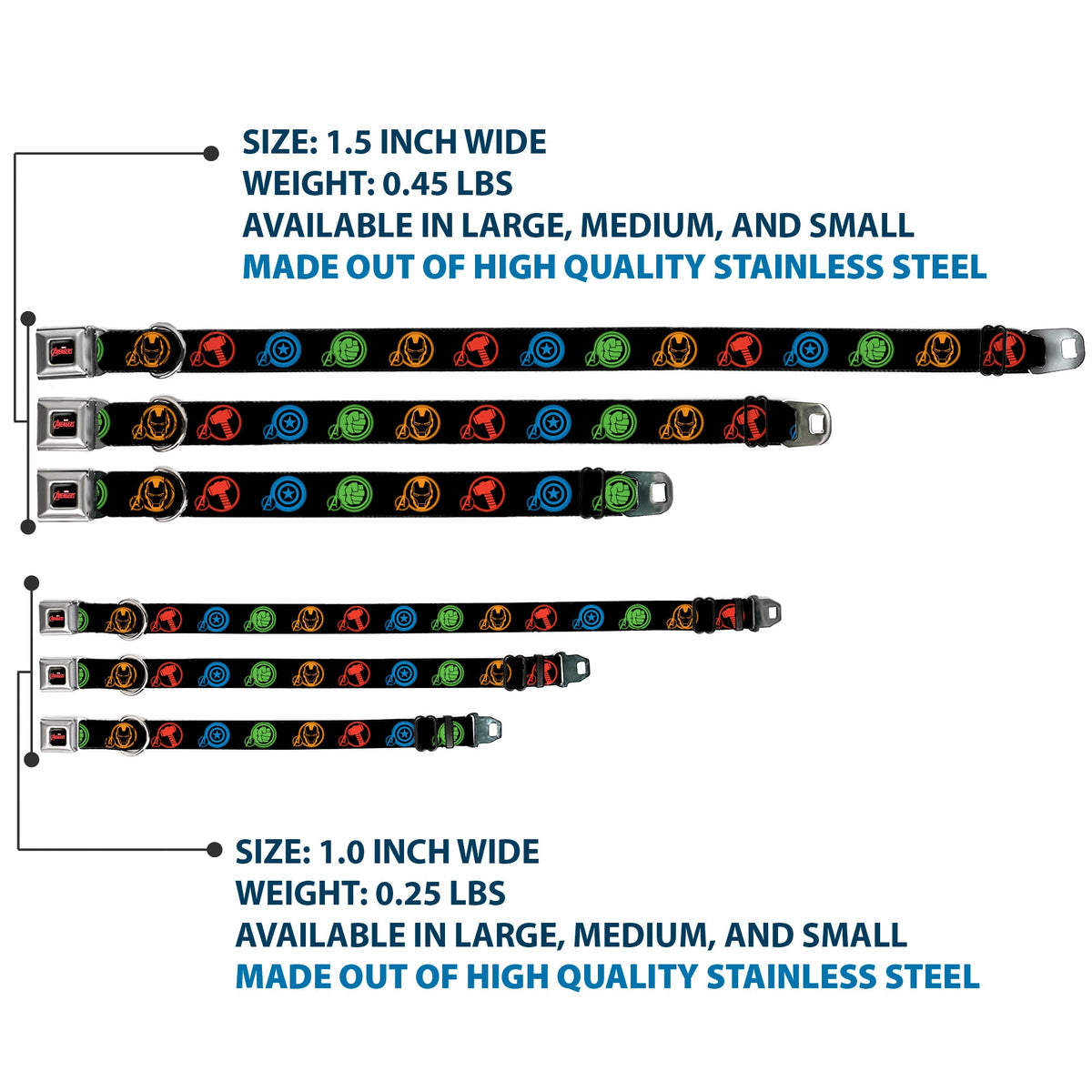 MARVEL AVENGERS Logo Full Color Black/Red/White Seatbelt Buckle Collar - Marvel Avengers Superhero Logos Black/Multi Color