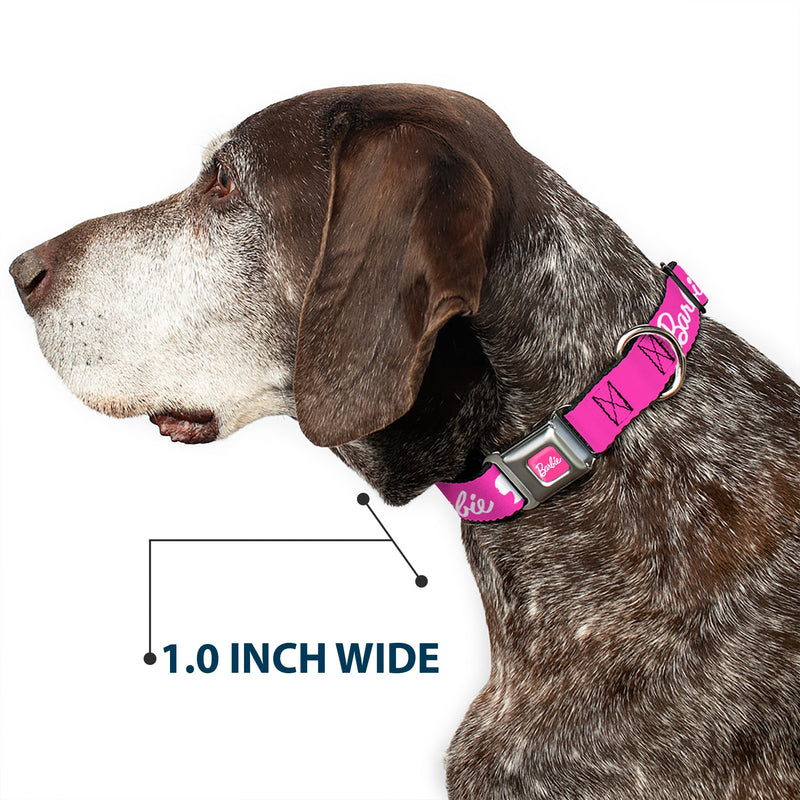 BARBIE Script Signature Full Color Hot Pink/White Seatbelt Buckle Collar - BARBIE Script Signature Logo and Silhouette Hot Pink/White