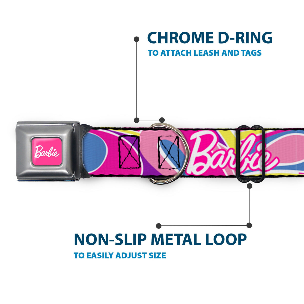 BARBIE Script Signature Full Color Hot Pink/White Seatbelt Buckle Collar - BARBIE Script Signature Logo Abstract Multi Color/White