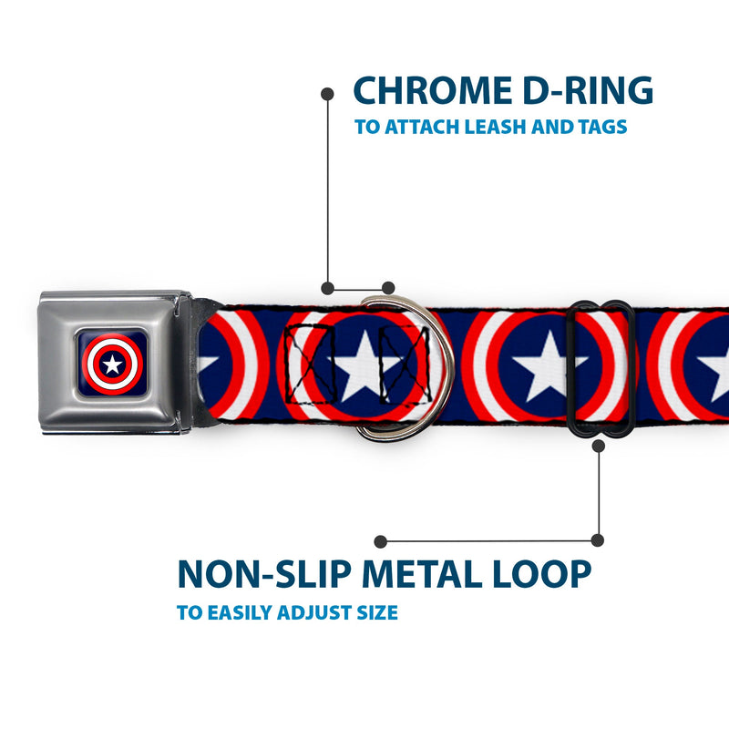 MARVEL COMICS Captain America Shield Full Color Navy Seatbelt Buckle Collar - Captain America Shield Repeat Navy