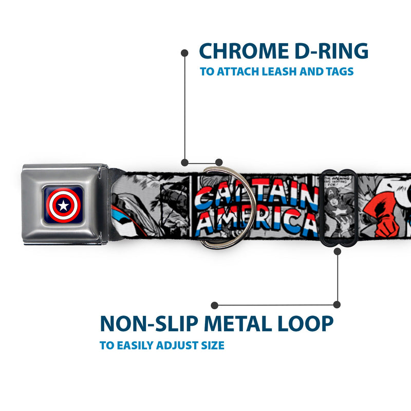 Captain America Shield Navy Seatbelt Buckle Collar - CAPTAIN AMERICA 2-Poses/Comic Blocks Grays/Red/White/Blue