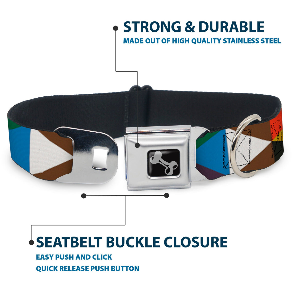 Dog Bone Seatbelt Buckle Collar - Geometric Triangle Blocks Multi Color