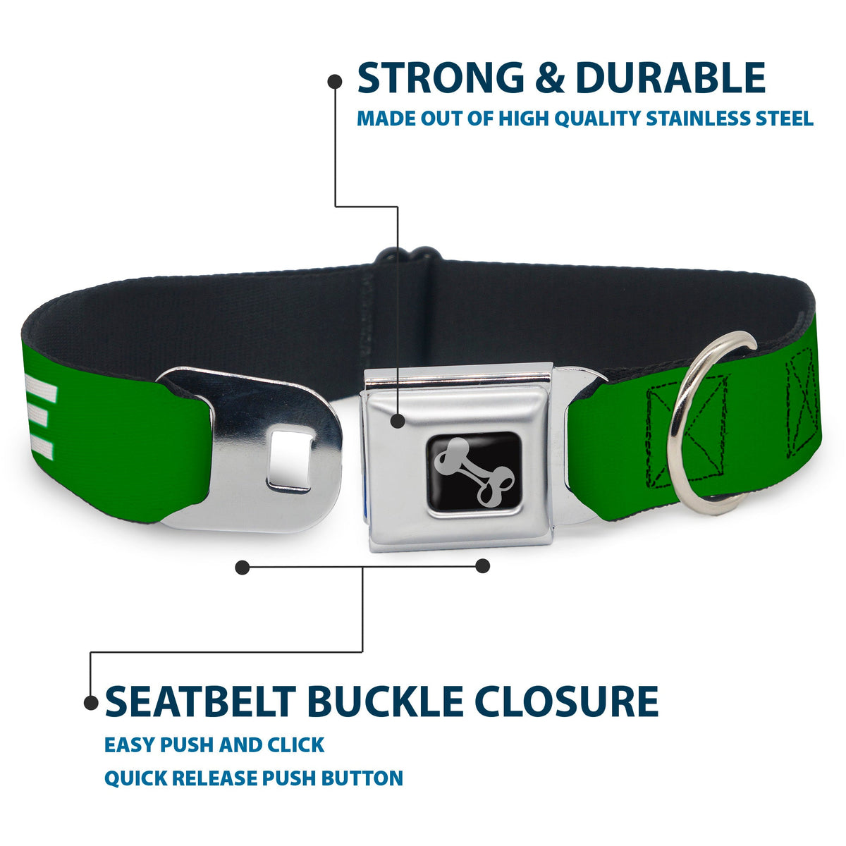 Dog Bone Black/Silver Seatbelt Buckle Collar - Pet Quote ADOPT ME Green/White