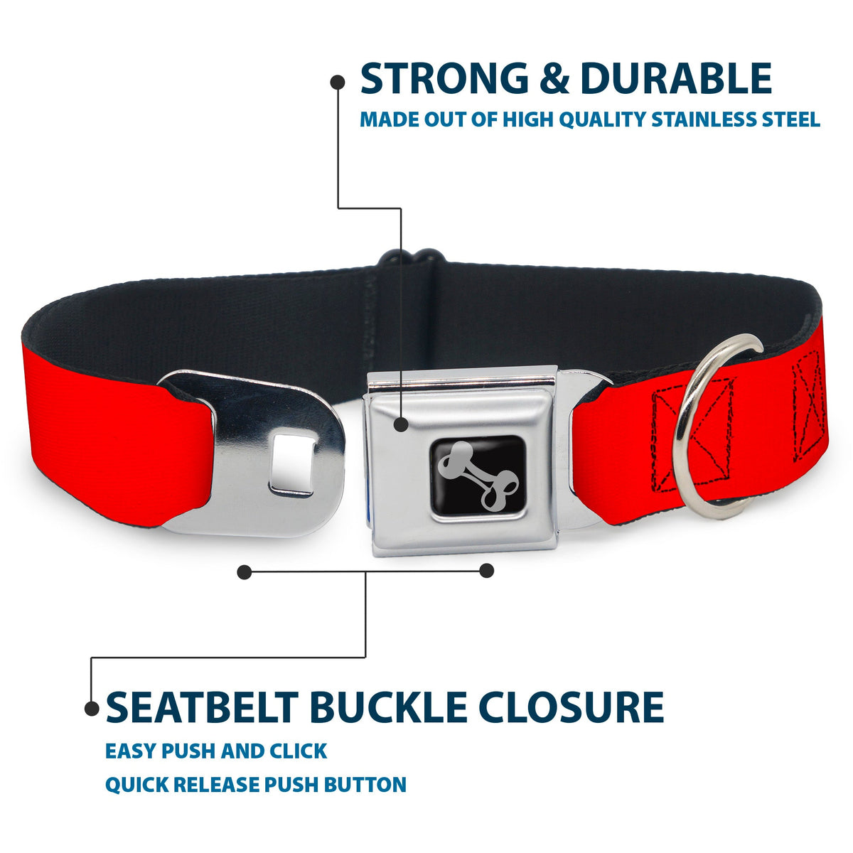 Dog Bone Black/Silver Seatbelt Buckle Collar - Pet Quote CAUTION Red/White
