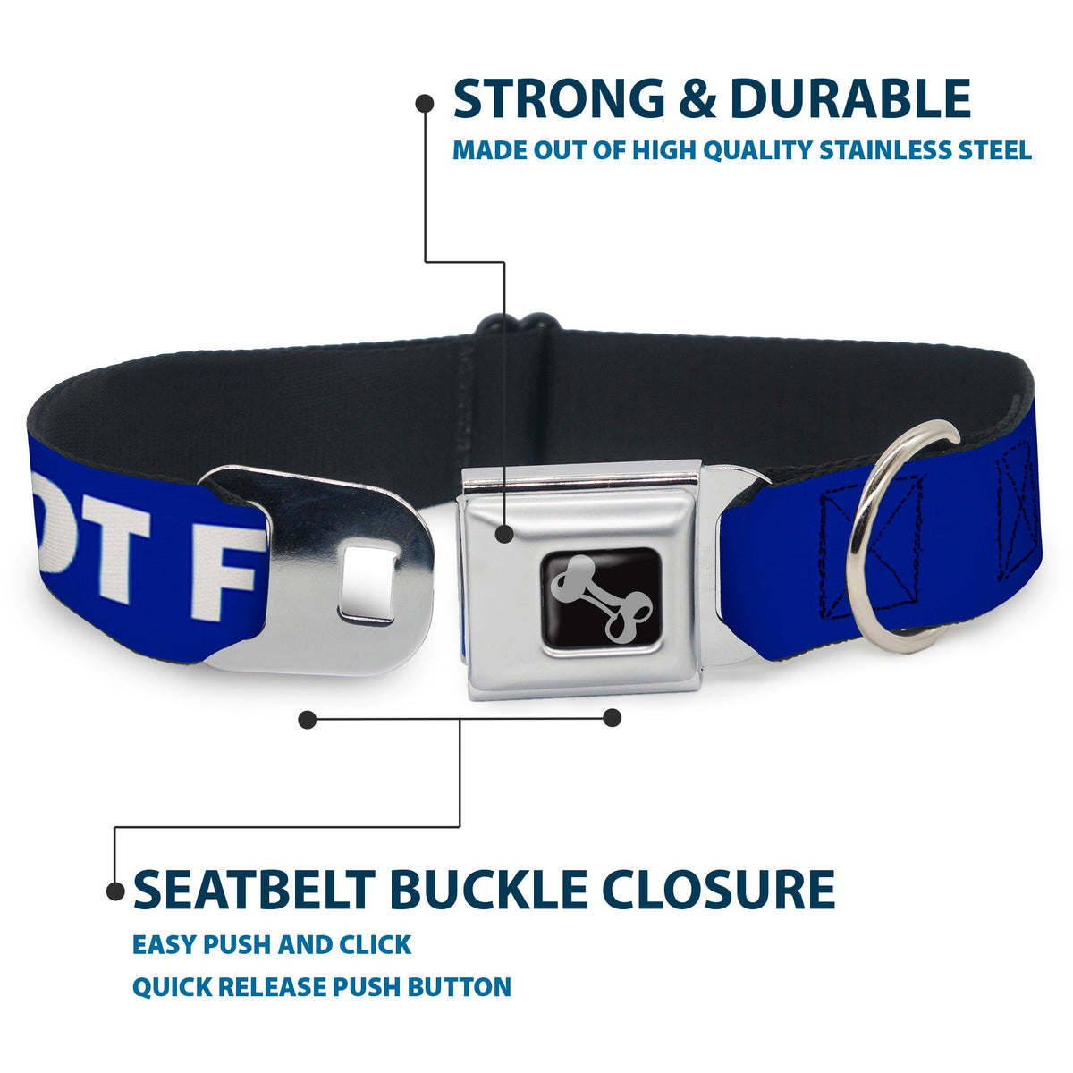 Dog Bone Black/Silver Seatbelt Buckle Collar - Pet Quote DO NOT FEED Navy/White