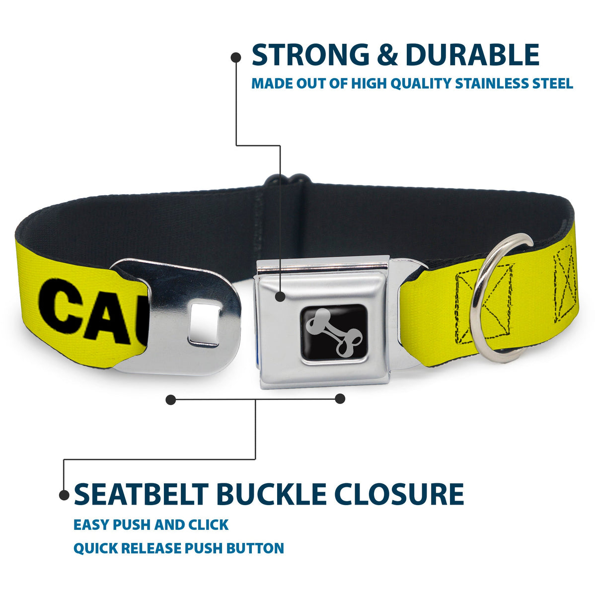 Dog Bone Black/Silver Seatbelt Buckle Collar - Pet Quote CAUTION I BITE/Dog Growl Yellow/Black