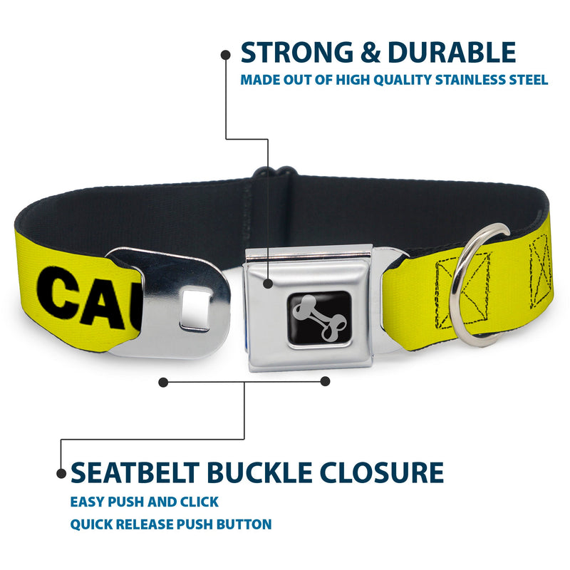 Dog Bone Black/Silver Seatbelt Buckle Collar - Pet Quote CAUTION I BITE/Dog Growl Yellow/Black
