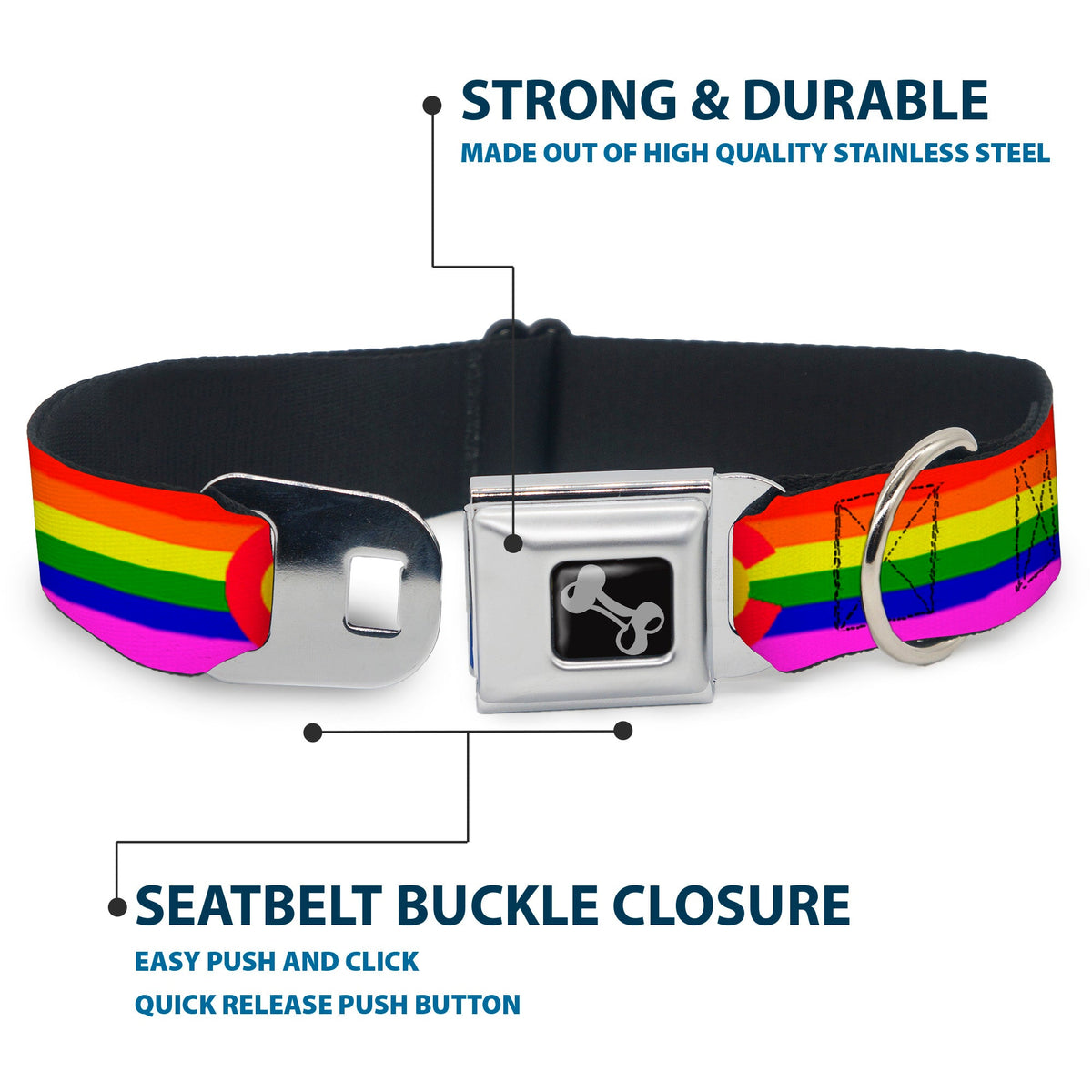 Dog Bone Seatbelt Buckle Collar - Colorado Flags2 Pride