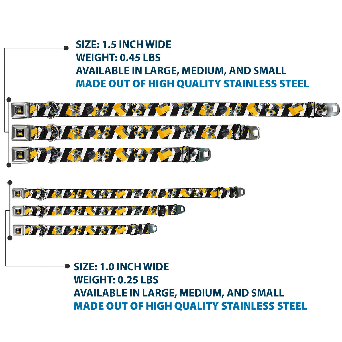 WALL-E Pose Full Color Black Seatbelt Buckle Collar - Wall-E Poses/Stripe Black/White