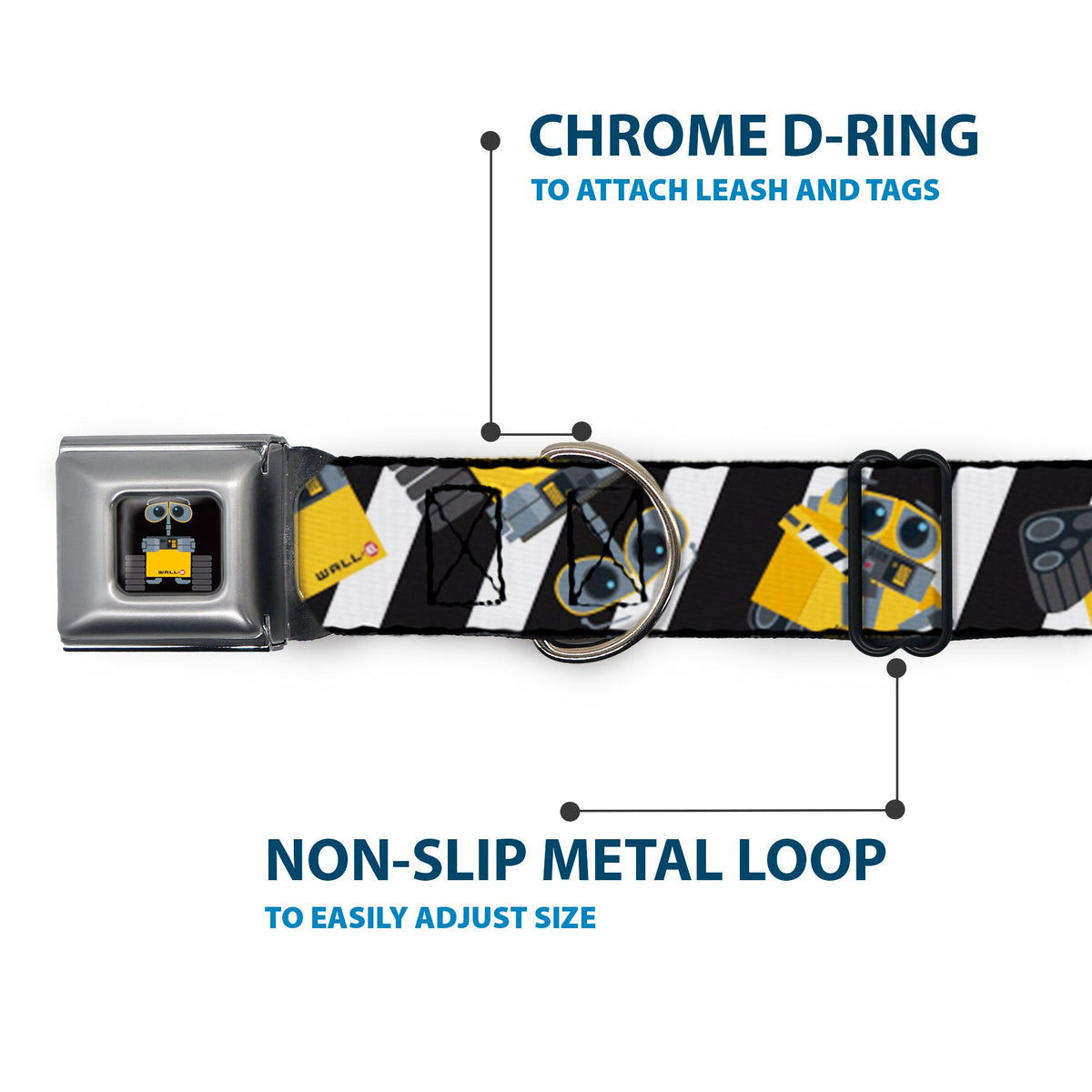 WALL-E Pose Full Color Black Seatbelt Buckle Collar - Wall-E Poses/Stripe Black/White