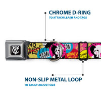 Cruella de Vil CDV Icon Black/White Seatbelt Buckle Collar - Cruella de Vil Cruell World and Round Badge Icons Collage