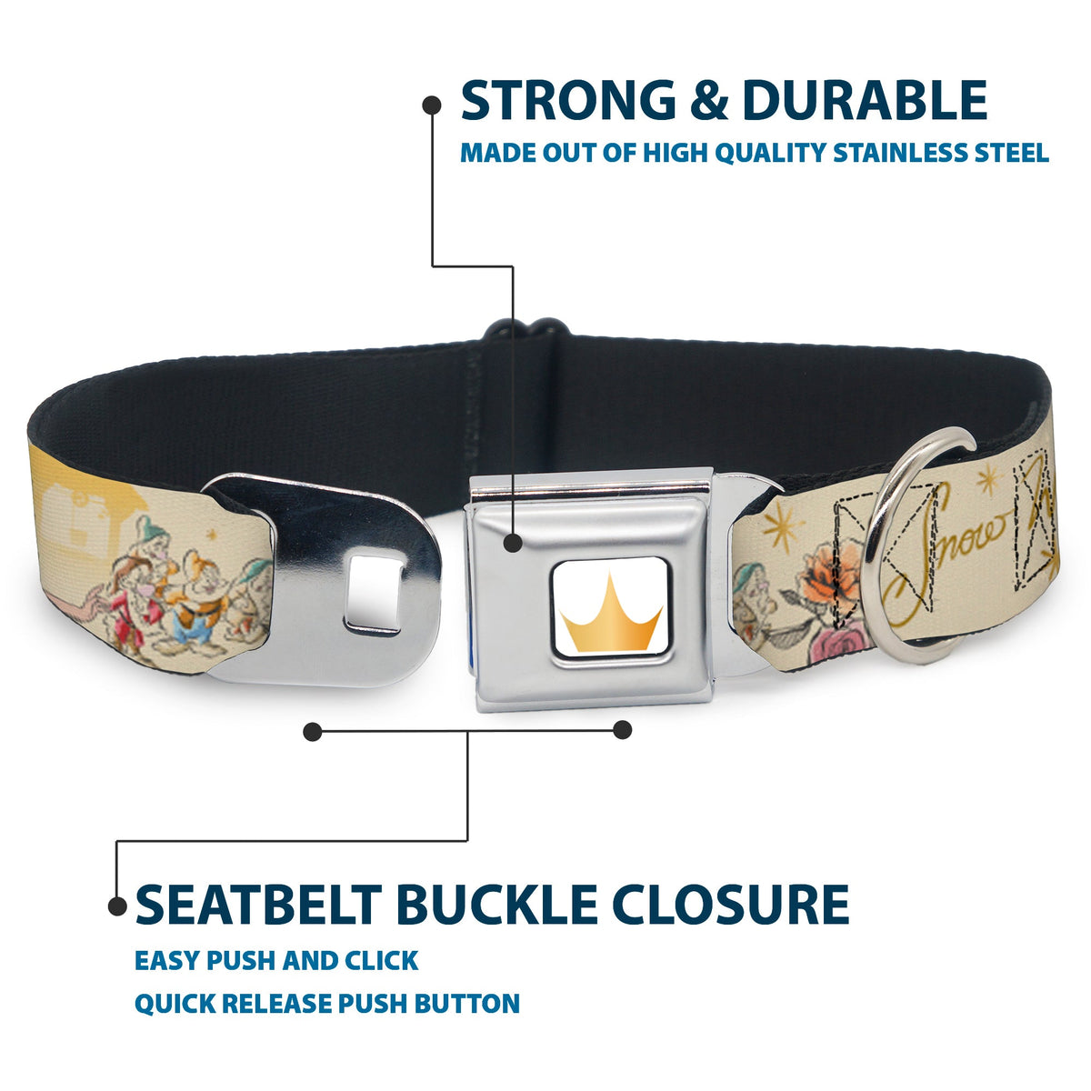 Disney Princess Crown Full Color Golds Seatbelt Buckle Collar - Snow White and the Seven Dwarfs with Script and Flowers Yellows