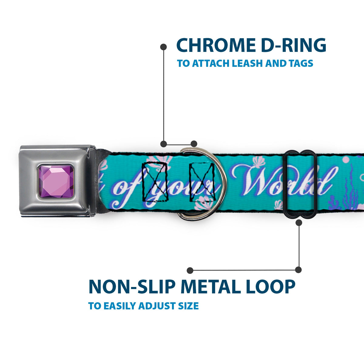 Princess Gem CLOSE-UP Full Color Purple Seatbelt Buckle Collar - Little Mermaid Silhouette Scenes PART OF YOUR WORLD Blues