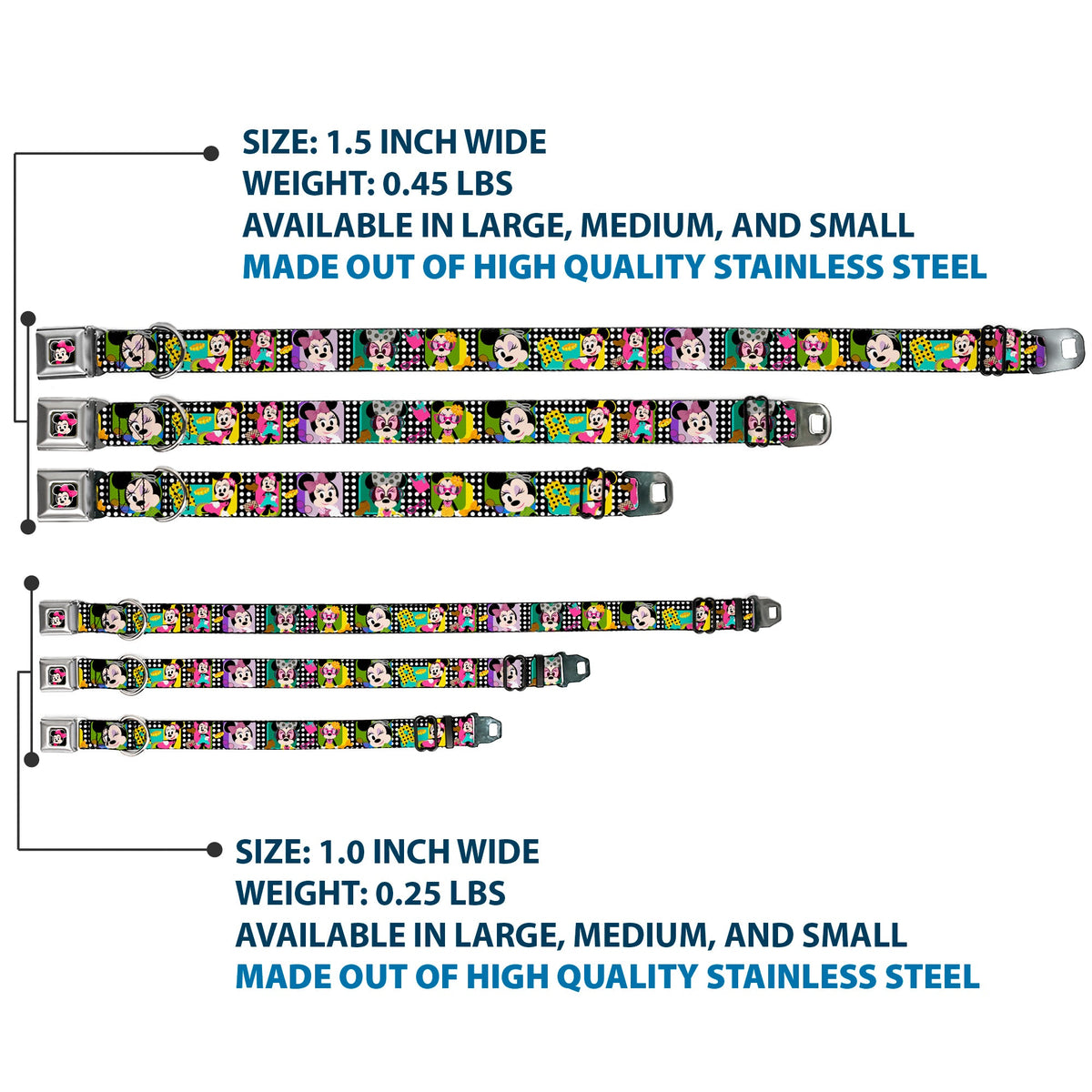 Mini Minnie Mouse Face CLOSE-UP Full Color Black Seatbelt Buckle Collar - Mini Minnie Fashion Poses/Polka Dot Black/White/Multi Color