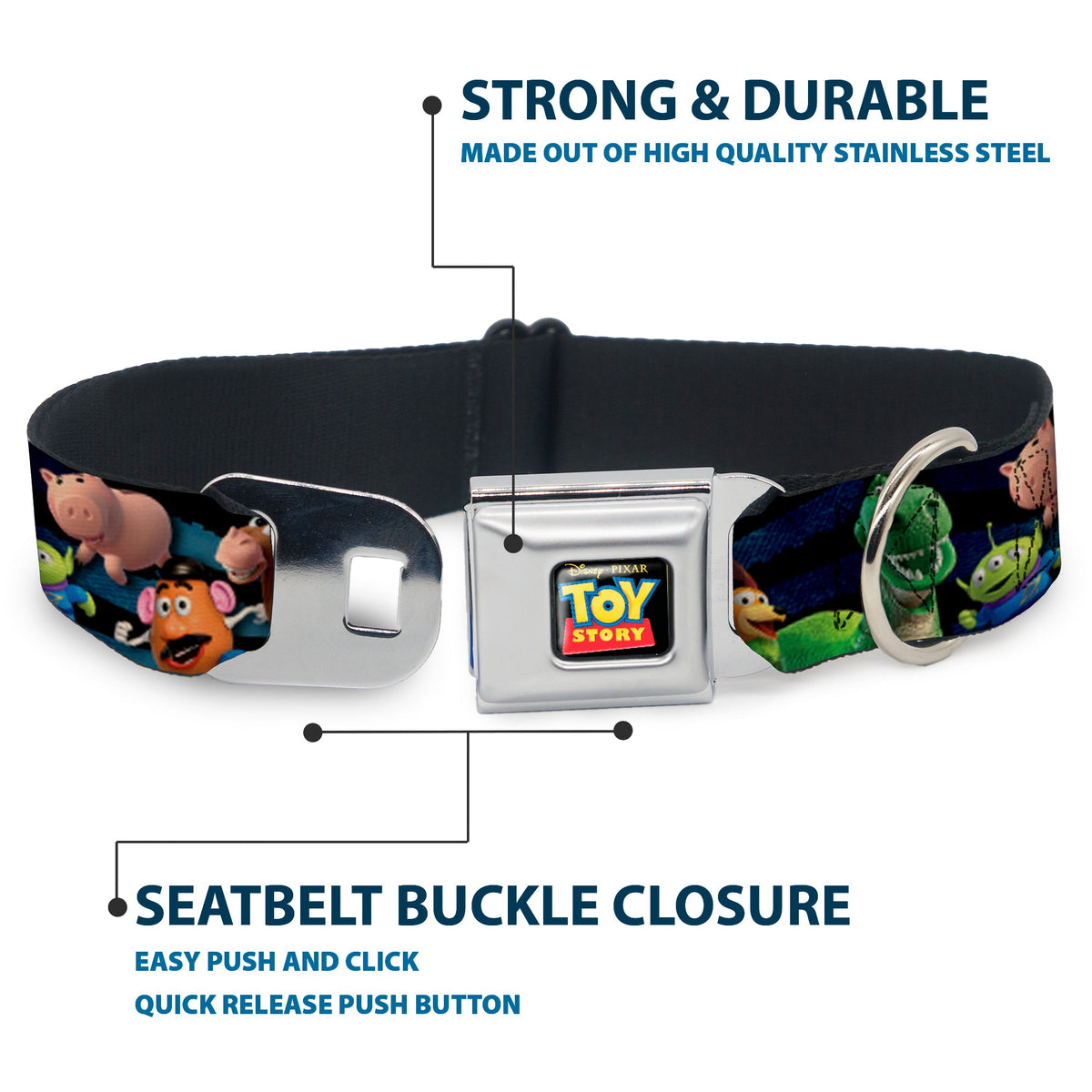 TOY STORY Logo Full Color Black Seatbelt Buckle Collar - Toy Story Characters Running Denim Rays