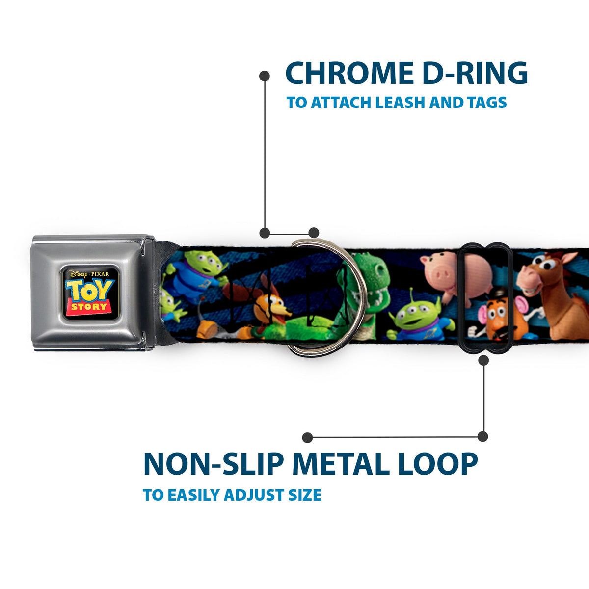 TOY STORY Logo Full Color Black Seatbelt Buckle Collar - Toy Story Characters Running Denim Rays