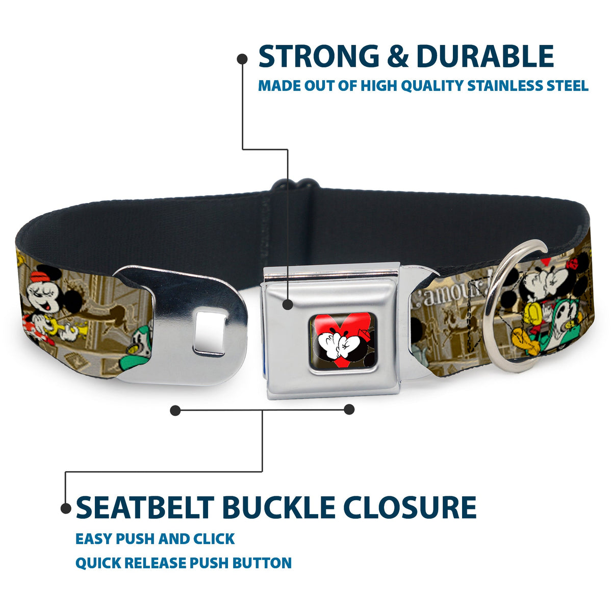 Mickey & Minnie Kiss Heart Full Color Gray Seatbelt Buckle Collar - Mickey & Minnie Croissant de Triomphe Scenes