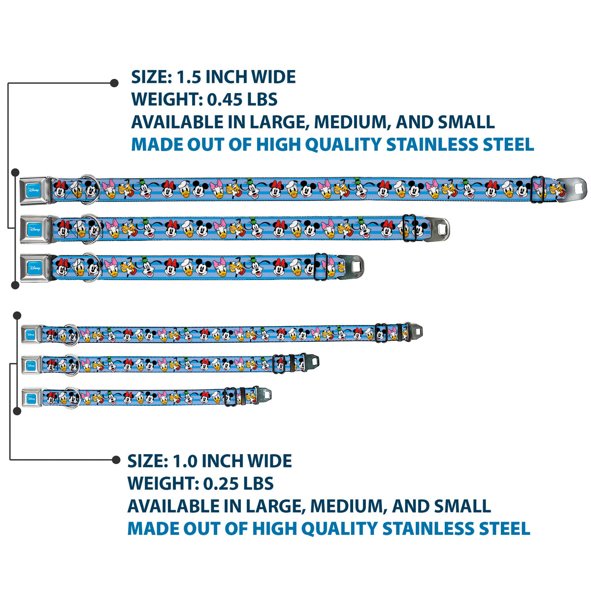 DISNEY Signature Full Color Blue/White Seatbelt Buckle Collar - Disney The Sensational Six Smiling Faces Stripe Blues