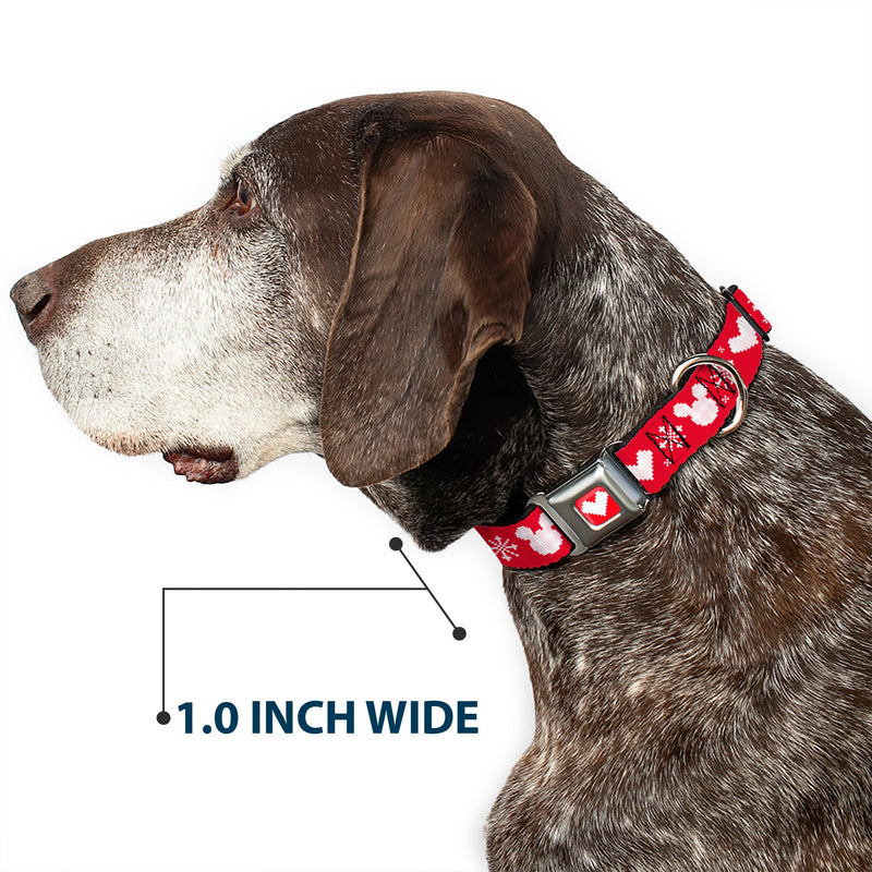 Disney Holiday Mickey Mouse Heart Sweater Stitch Full Color Red/White Seatbelt Buckle Collar - Disney Holiday Mickey Mouse Heart Sweater Stitch Red/White
