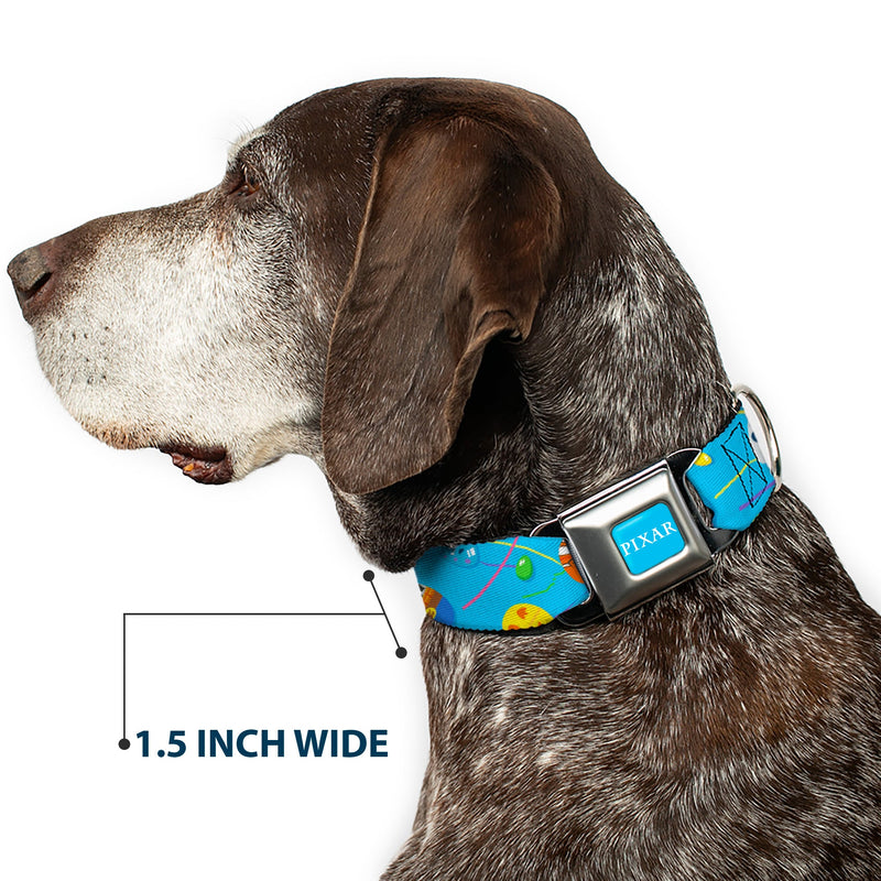PIXAR Title Logo Full Color Blue/White Seatbelt Buckle Collar - Pixar Holiday Collection Easter Egg Characters Scattered Blue