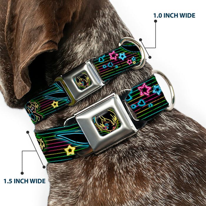 Electric Tinkerbell Face Full Color Black/Multi Neon Seatbelt Buckle Collar - Electric Tinkerbell Poses/Stripes Black/Multi Neon
