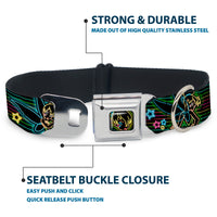 Electric Tinkerbell Face Full Color Black/Multi Neon Seatbelt Buckle Collar - Electric Tinkerbell Poses/Stripes Black/Multi Neon