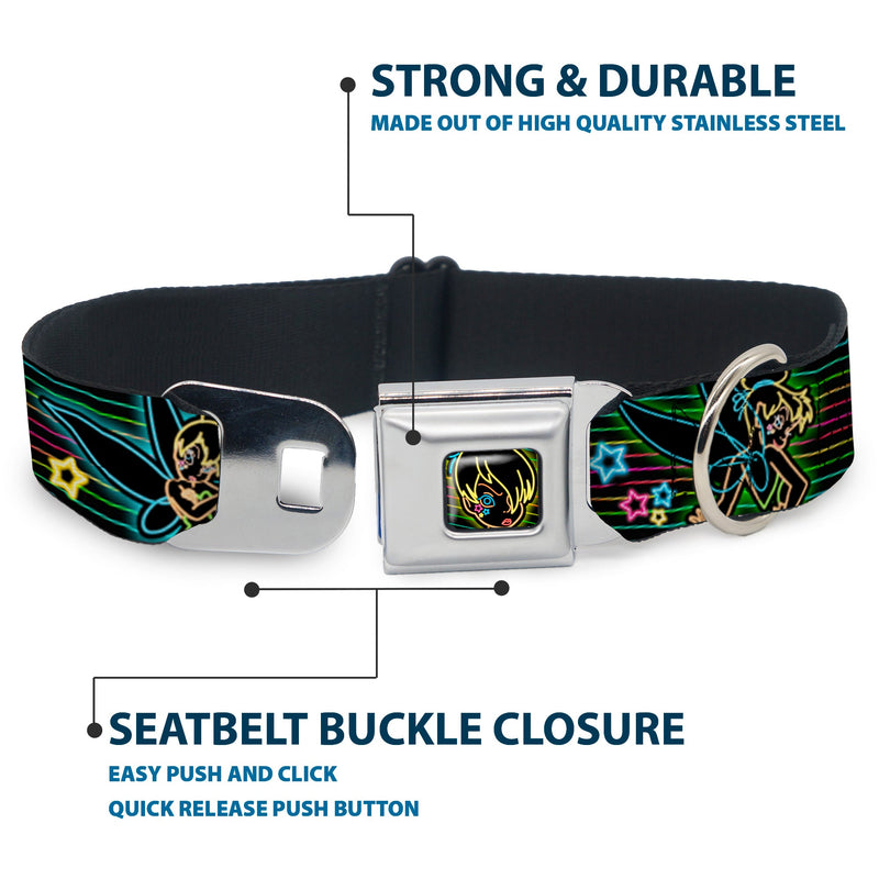 Electric Tinkerbell Face Full Color Black/Multi Neon Seatbelt Buckle Collar - Electric Tinkerbell Poses/Stripes Black/Multi Neon