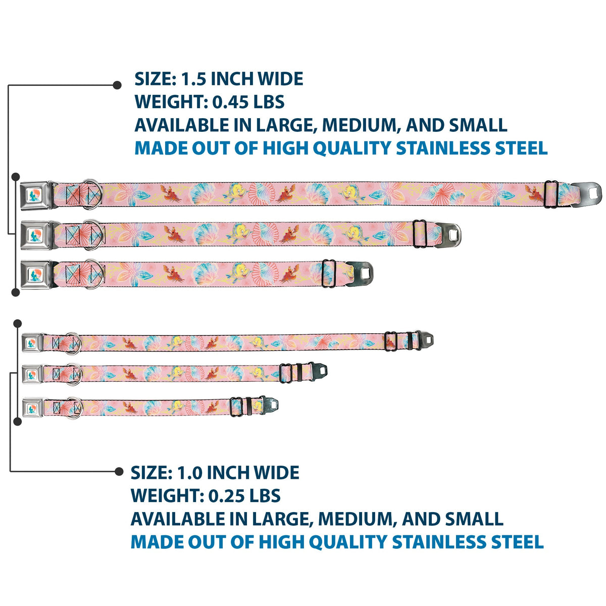 The Little Mermaid Ariel Silhouette Pose Full Color White/Multi Color Seatbelt Buckle Collar - The Little Mermaid Flounder and Sebastian Under the Sea Pinks
