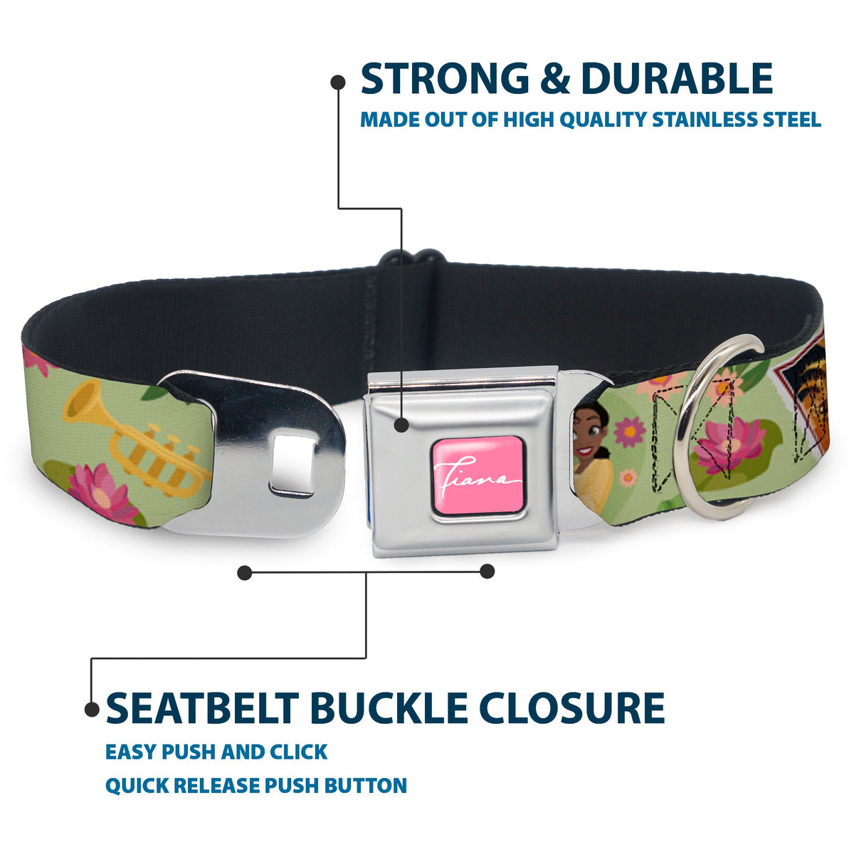 The Princess and the Frog TIANA Script Full Color Pink/White Seatbelt Buckle Collar - The Princess and the Frog Tiana's Place Collage Greens/Pinks