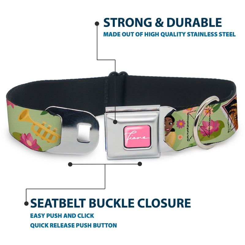 The Princess and the Frog TIANA Script Full Color Pink/White Seatbelt Buckle Collar - The Princess and the Frog Tiana's Place Collage Greens/Pinks