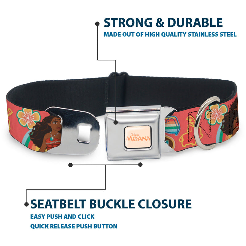 MOANA Title Logo Full Color Beige/Coral Seatbelt Buckle Collar - Moana Pose and Icons Collage Pink
