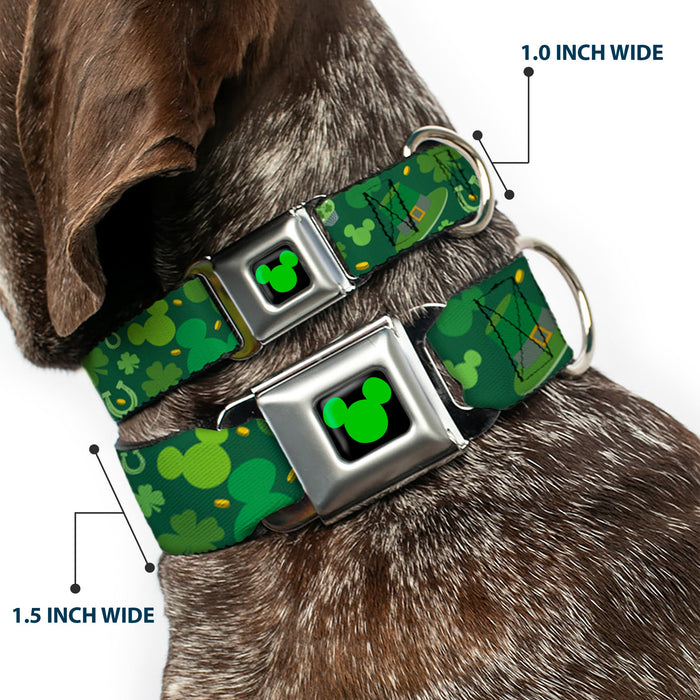 Mickey Silhouette Full Color Black Green Seatbelt Buckle Collar - St. Patrick's Day Mickey Collage Greens