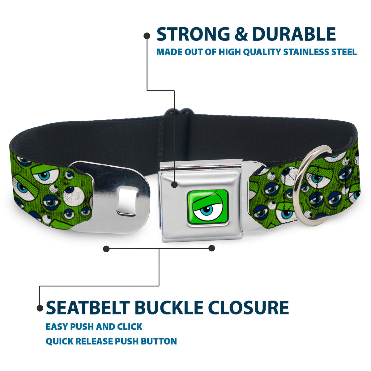 Monsters Eye CLOSE-UP Seatbelt Buckle Collar - Monsters Inc. Eye Collage Weathered Greens/Blues