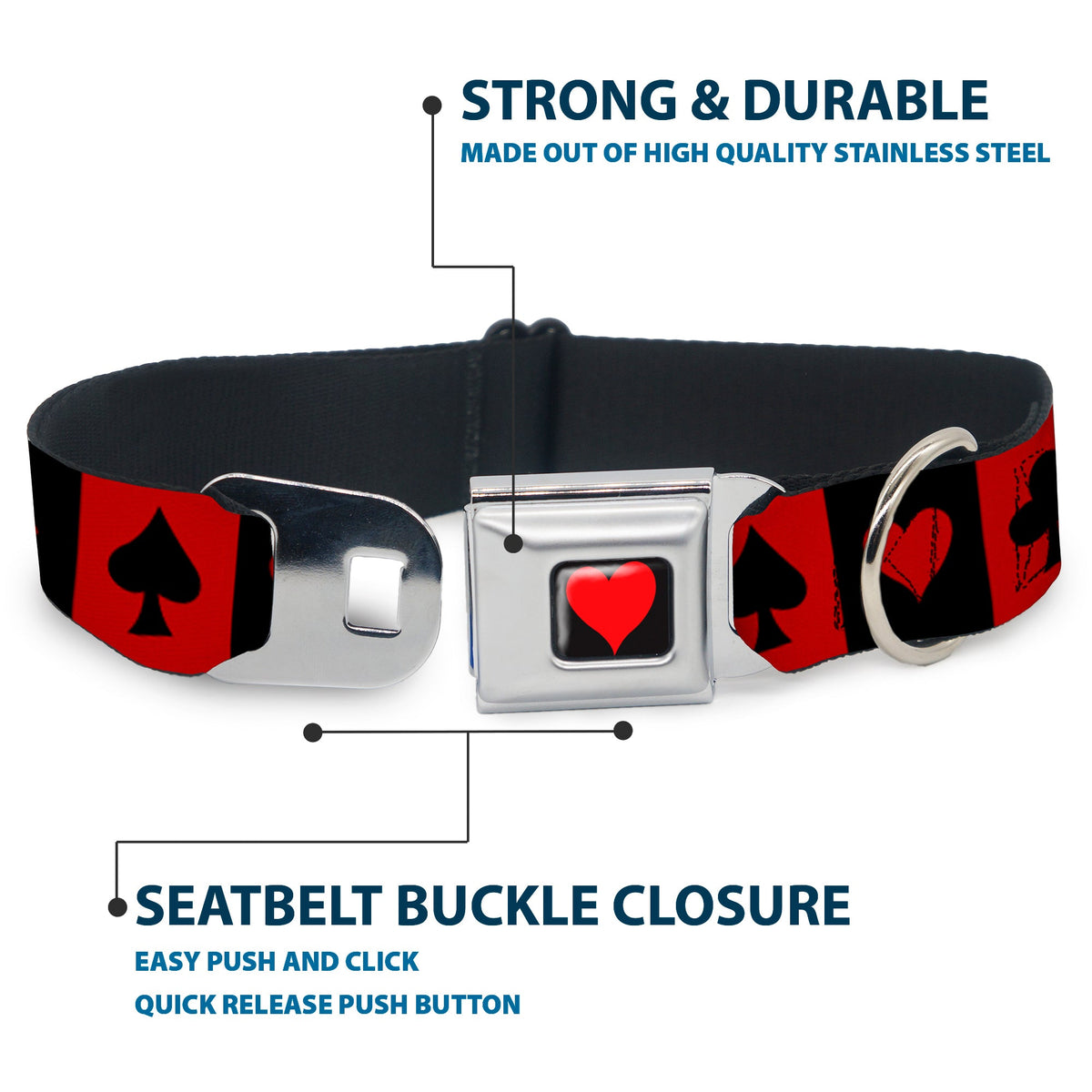 Alice in Wonderland Heart Full Color Black/Red Seatbelt Buckle Collar - Alice in Wonderland Card Suits Red/Black