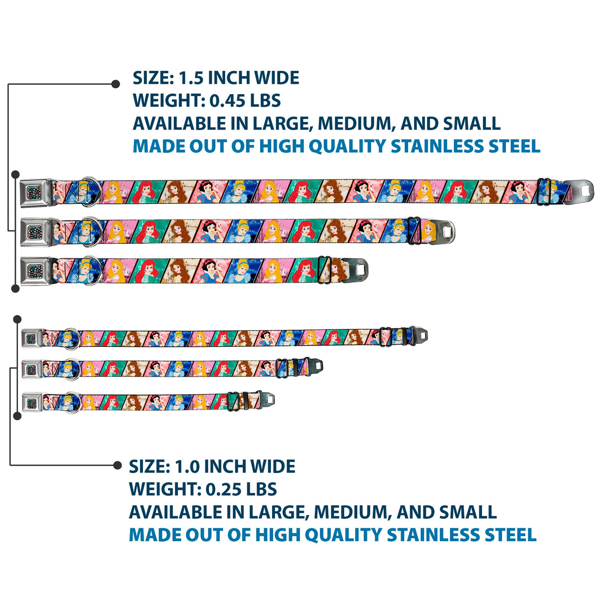 Princess Jewels Full Color Black/Multi Color Seatbelt Buckle Collar - Disney Princess Poses/Castle Blocks