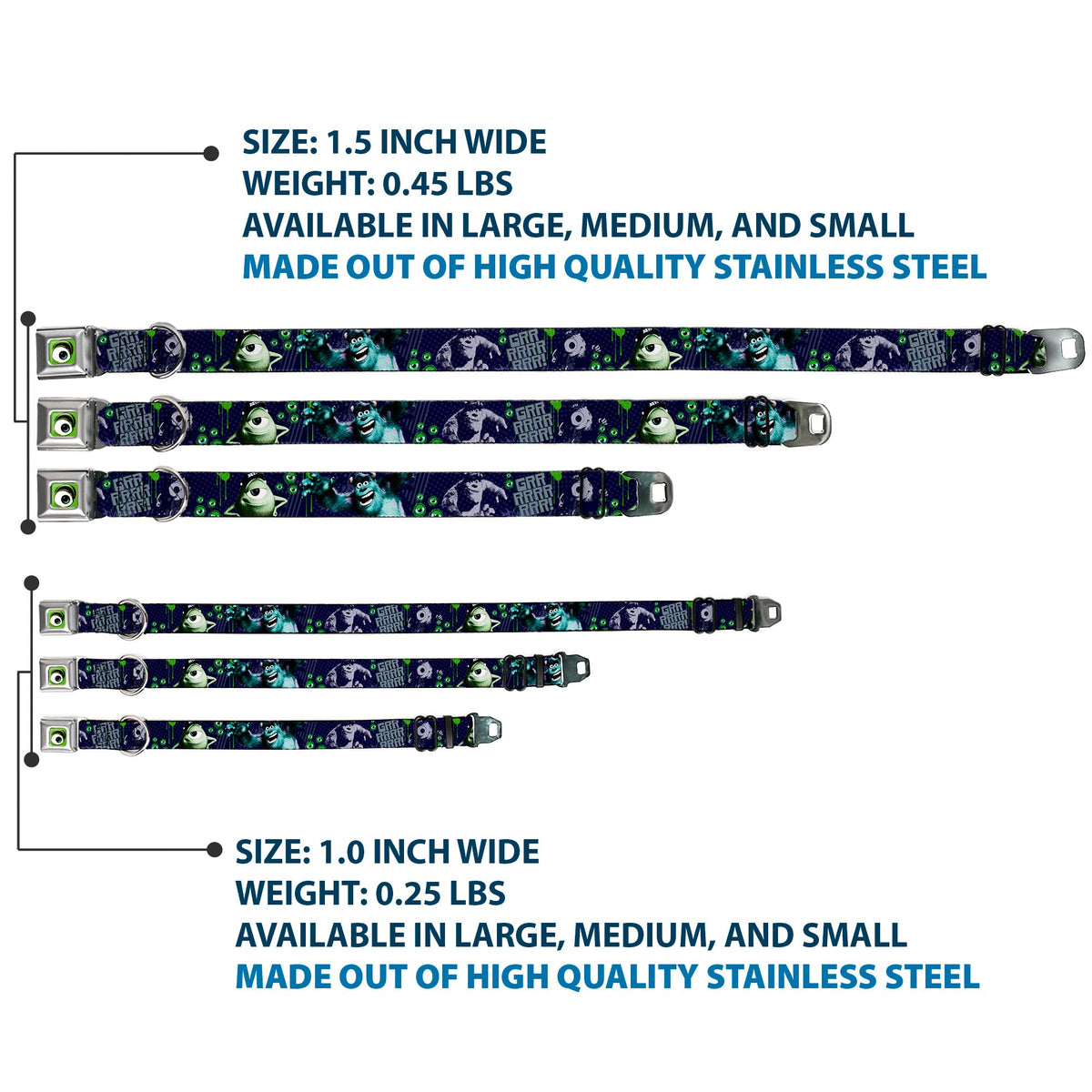 Monster Wide Eye Full Color Seatbelt Buckle Collar - Monsters University Sully & Mike Poses/GRRRRR!