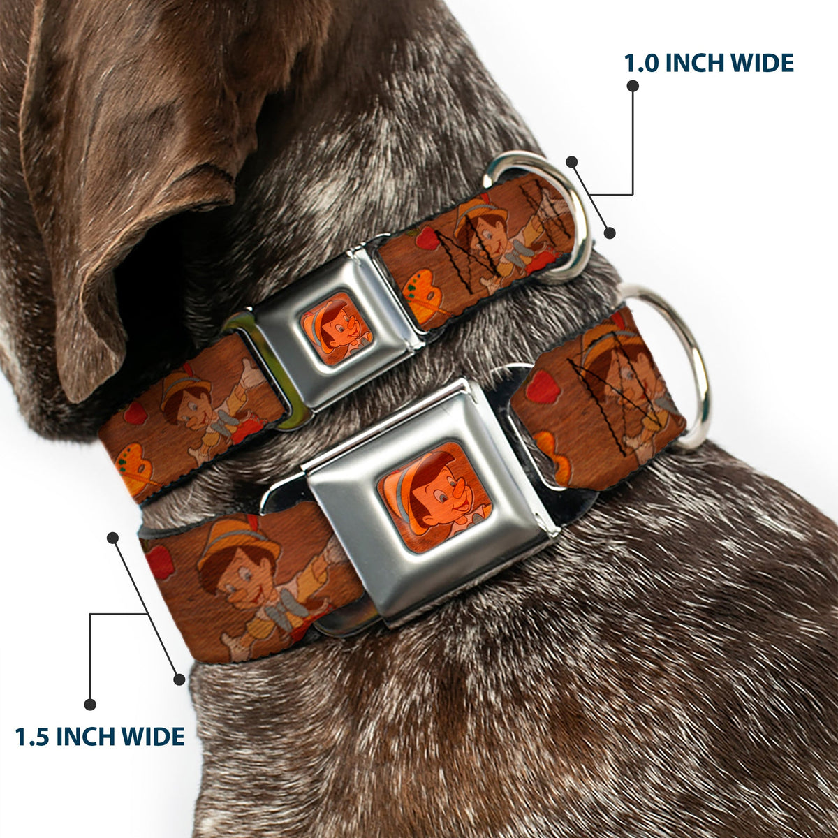 Pinocchio CLOSE-UP Full Color Wood Grain Seatbelt Buckle Collar - Pinocchio Poses Black/White/Multi Color