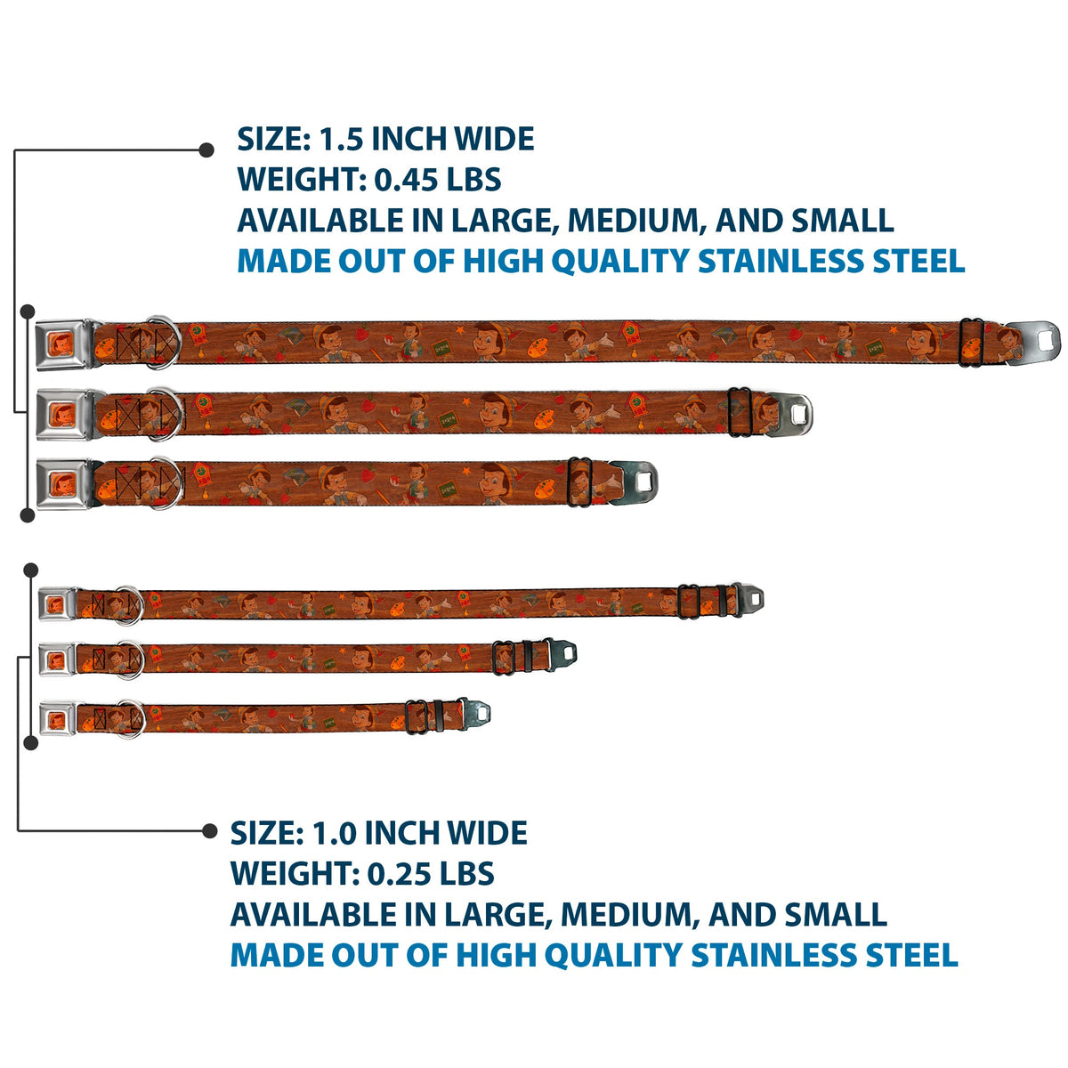 Pinocchio CLOSE-UP Full Color Wood Grain Seatbelt Buckle Collar - Pinocchio Poses Black/White/Multi Color