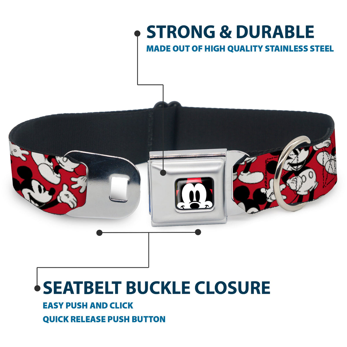 Mickey Mouse Face2 CLOSE-UP Full Color Red Black White Seatbelt Buckle Collar - Mickey Mouse Poses Scattered Red/Black/White