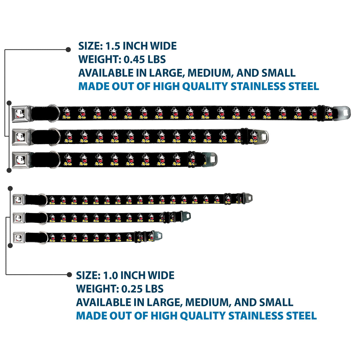 Classic Mickey Mouse Face CLOSE-UP Full Color Seatbelt Buckle Collar - Classic Mickey Mouse Pose Black