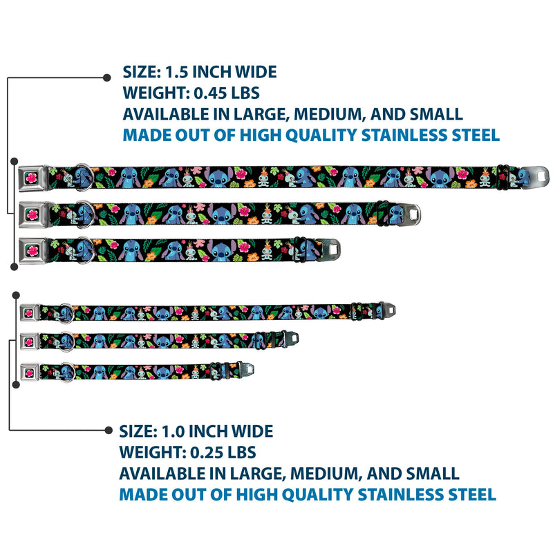 Lilo & Stitch Hibiscus Flower Full Color Black/Pink Seatbelt Buckle Collar - Stitch & Scrump Poses/Tropical Flora