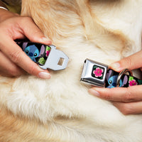 Lilo & Stitch Hibiscus Flower Full Color Black/Pink Seatbelt Buckle Collar - Stitch & Scrump Poses/Tropical Flora