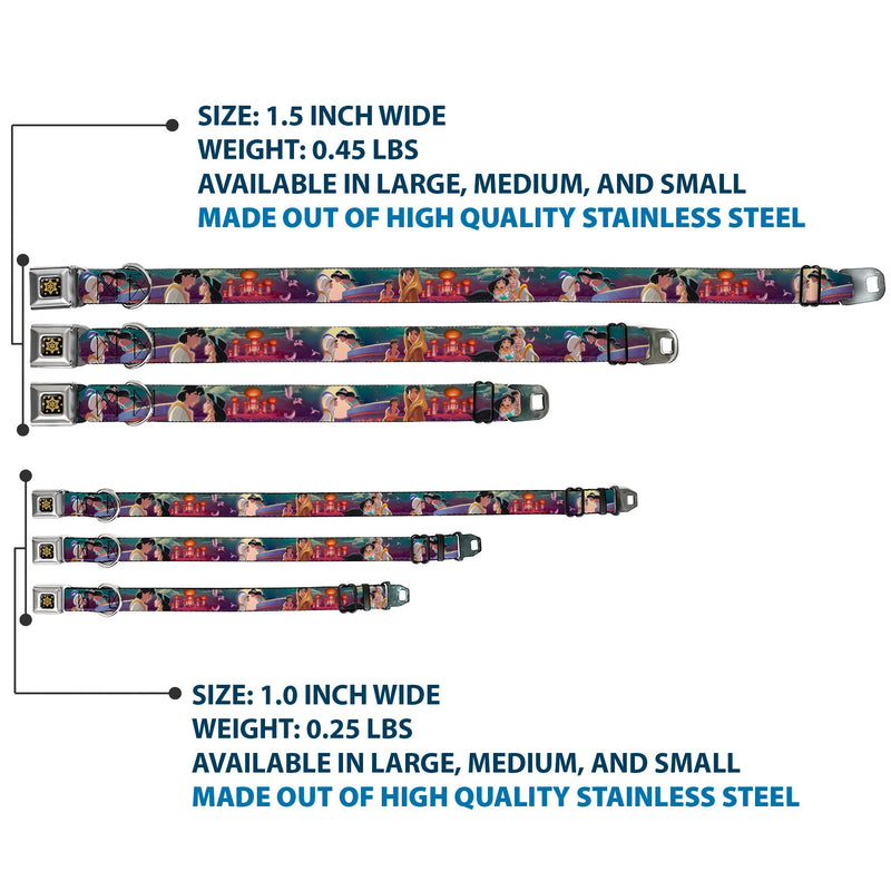 Aladdin Flower Motif Full Color Black/Gold Seatbelt Buckle Collar - Aladdin & Jasmine Scenes/Castle/Birds