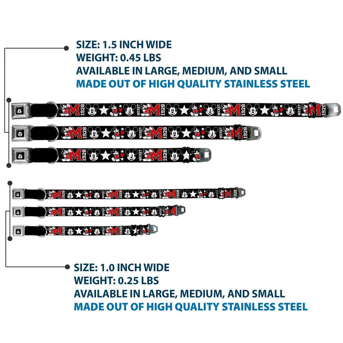 Mickey Mouse Face Full Color Black Seatbelt Buckle Collar - Classic Mickey Mouse 1928 Collage Black/White/Red