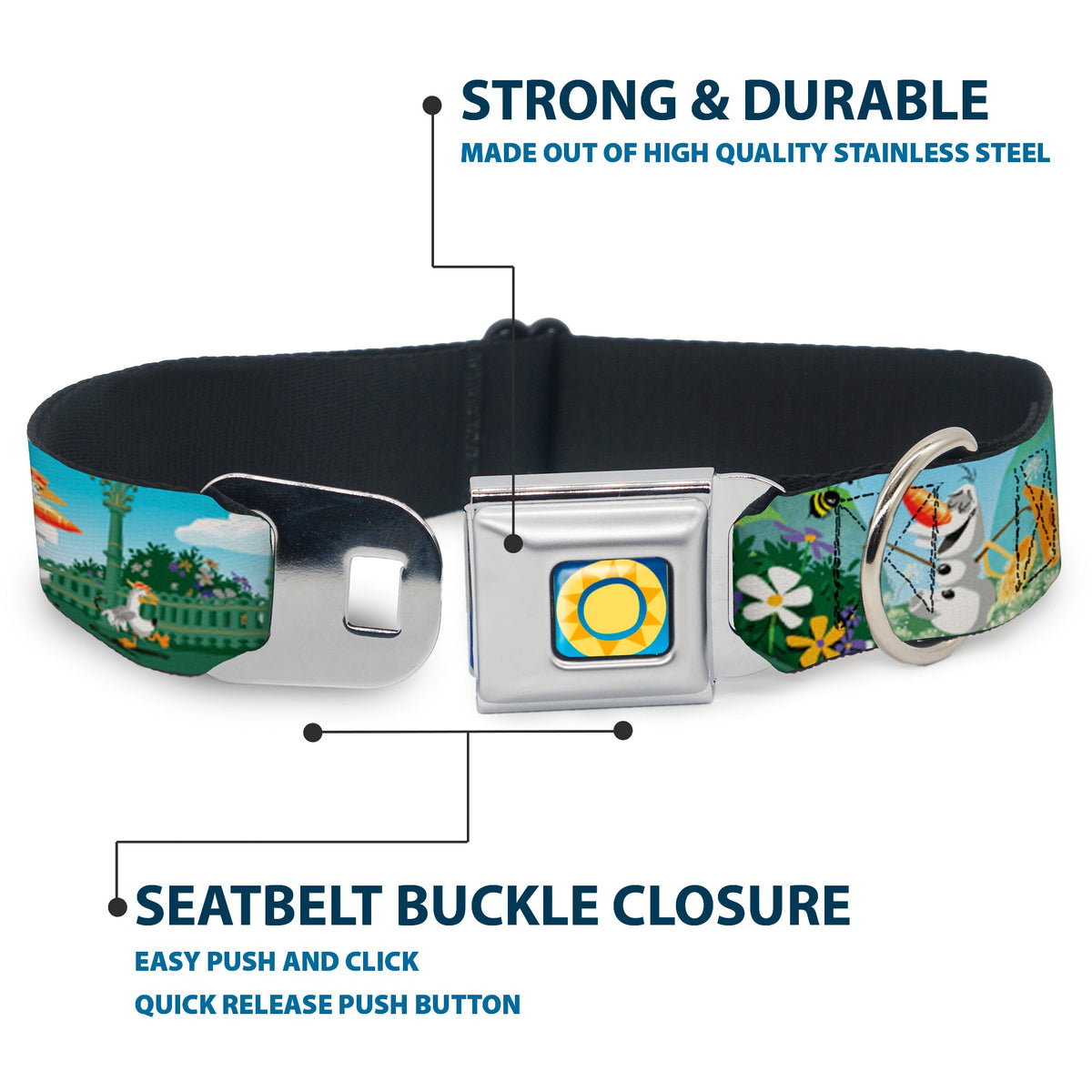 Frozen Sun2 Royal Full Color Blue/Yellows Seatbelt Buckle Collar - Olaf Garden Scenes