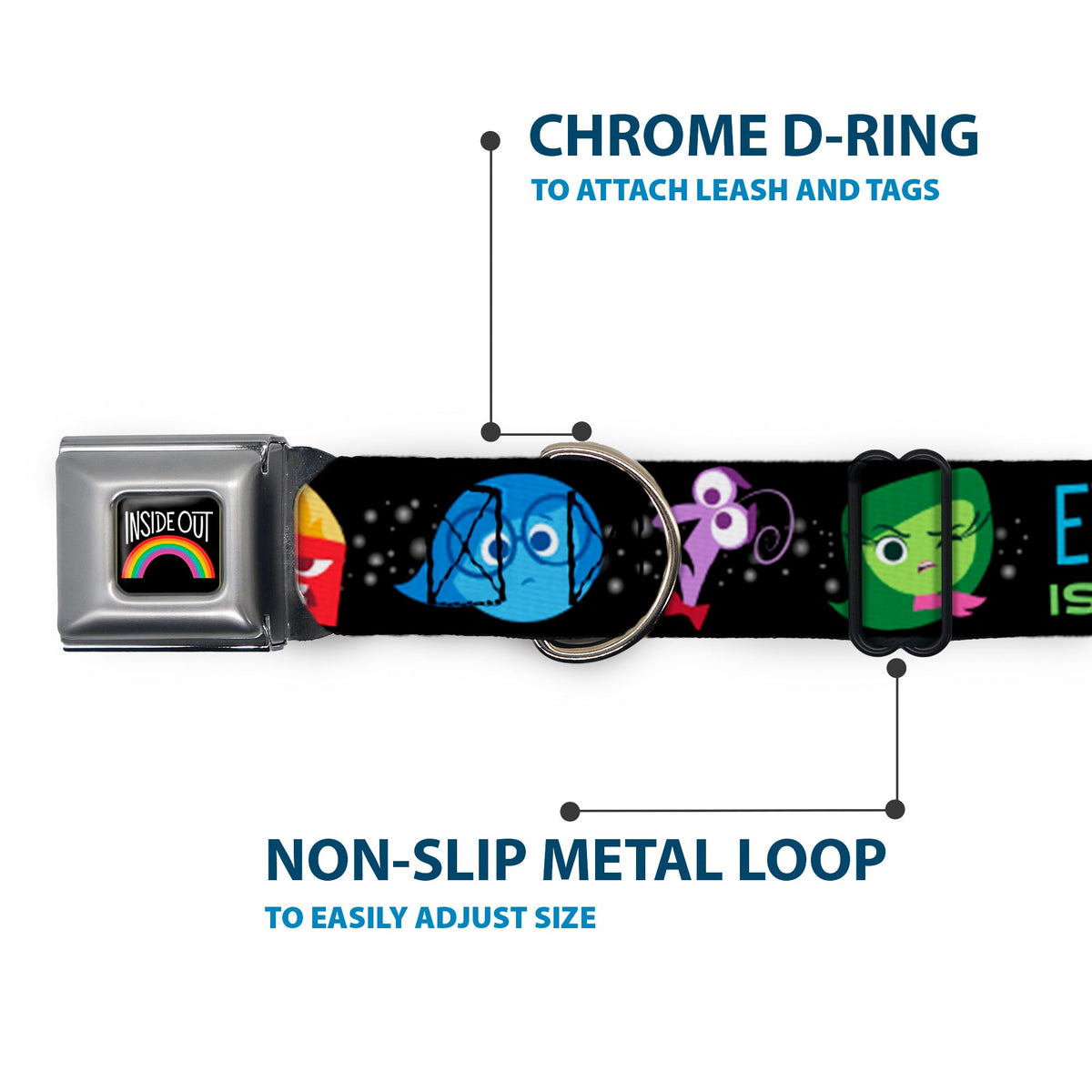 INSIDE OUT Rainbow Full Color Black/White/Multi Color Seatbelt Buckle Collar - INSIDE OUT/Emotion Expressions/EVERY DAY IS FULL OF EMOTIONS