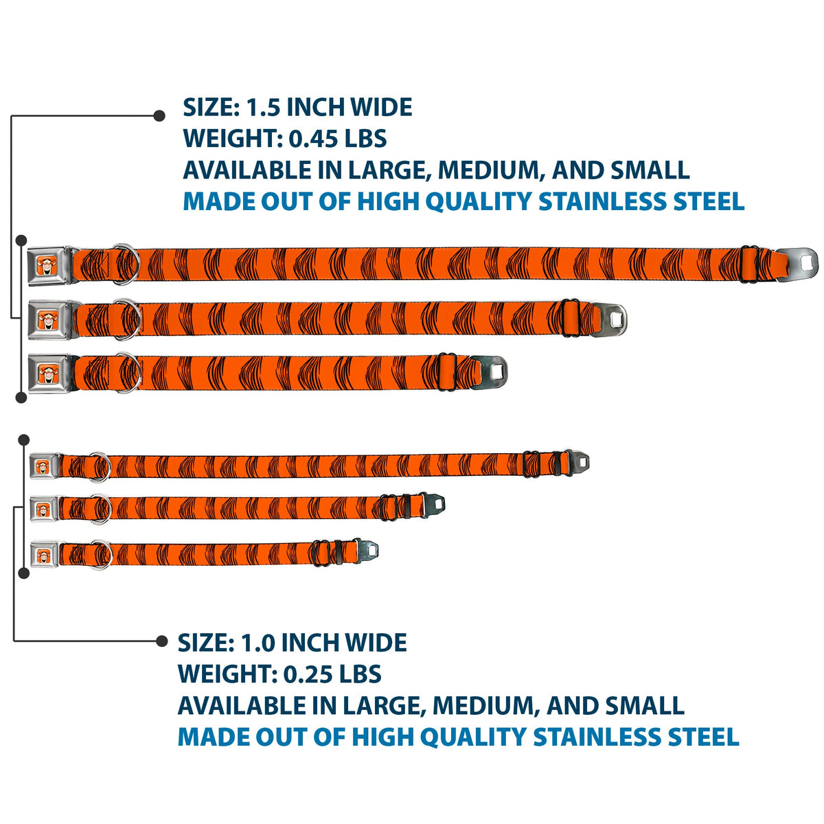 Tigger Face CLOSE-UP Full Color Orange Seatbelt Buckle Collar - Tigger Stripes Orange/Black