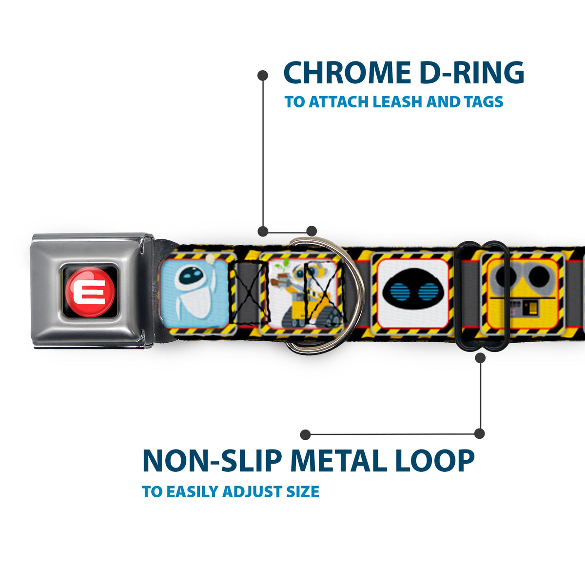WALL-E Logo Full Color Black Red White Seatbelt Buckle Collar - WALL-E & EVE Pose/Face Hazard Blocks Gray/Yellow/Black