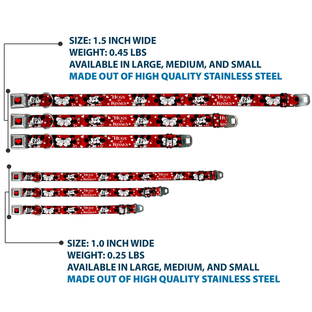 Heart Full Color Black/Red Seatbelt Buckle Collar - Mickey & Minnie HUGS & KISSES Poses Reds/White